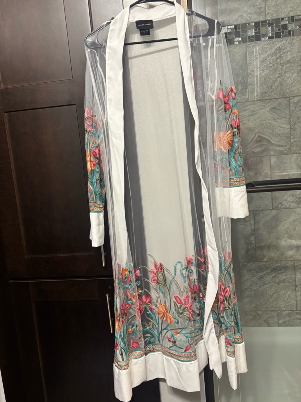 Embroidered Floral Sheer kimono- Pink, Orange & Teal